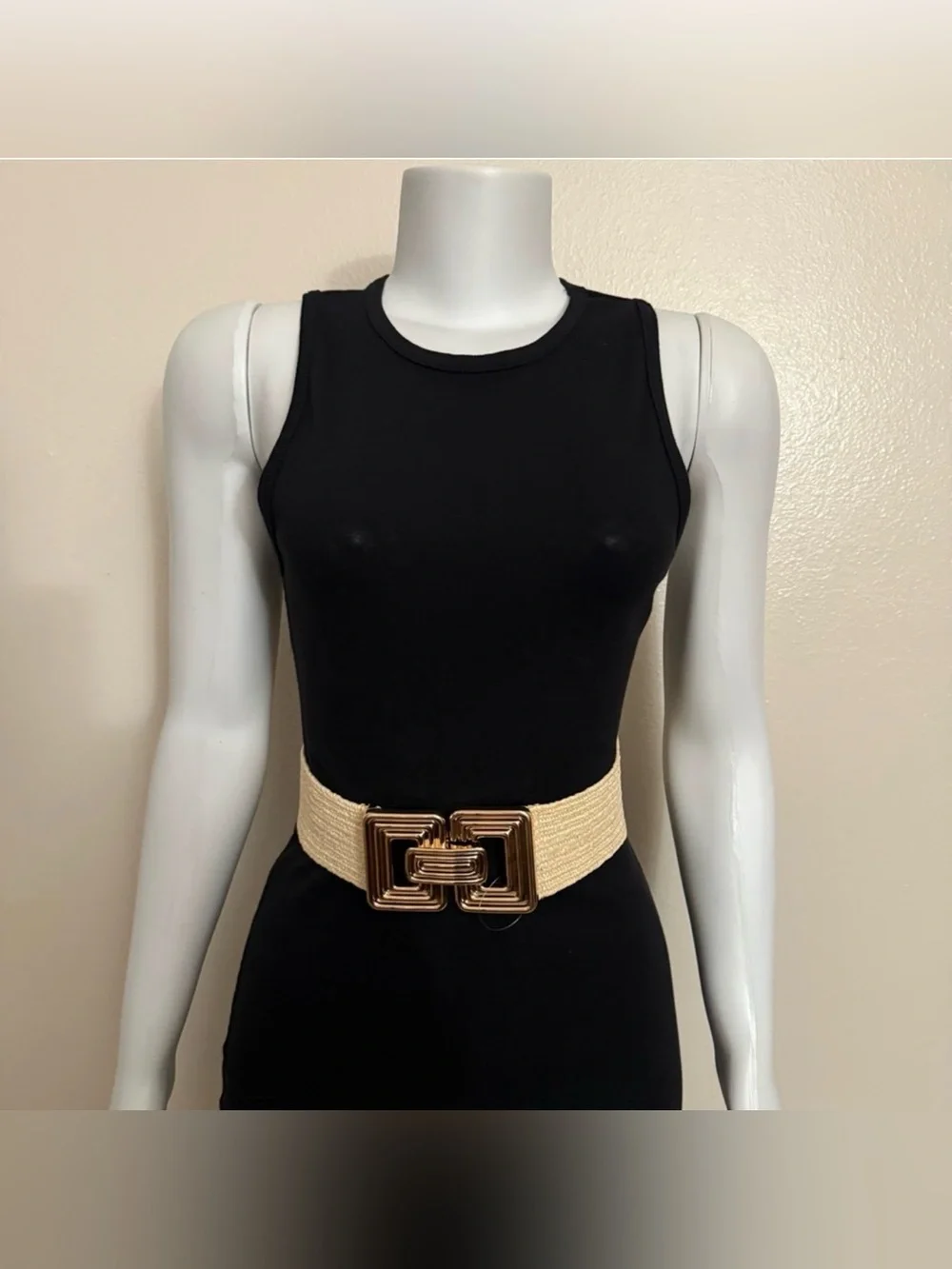 Beige paper stretchy waistband belt with gold tone buckle